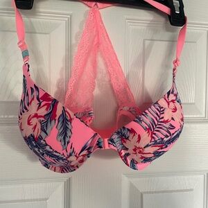 Tropical print lace back racer back front hook bra